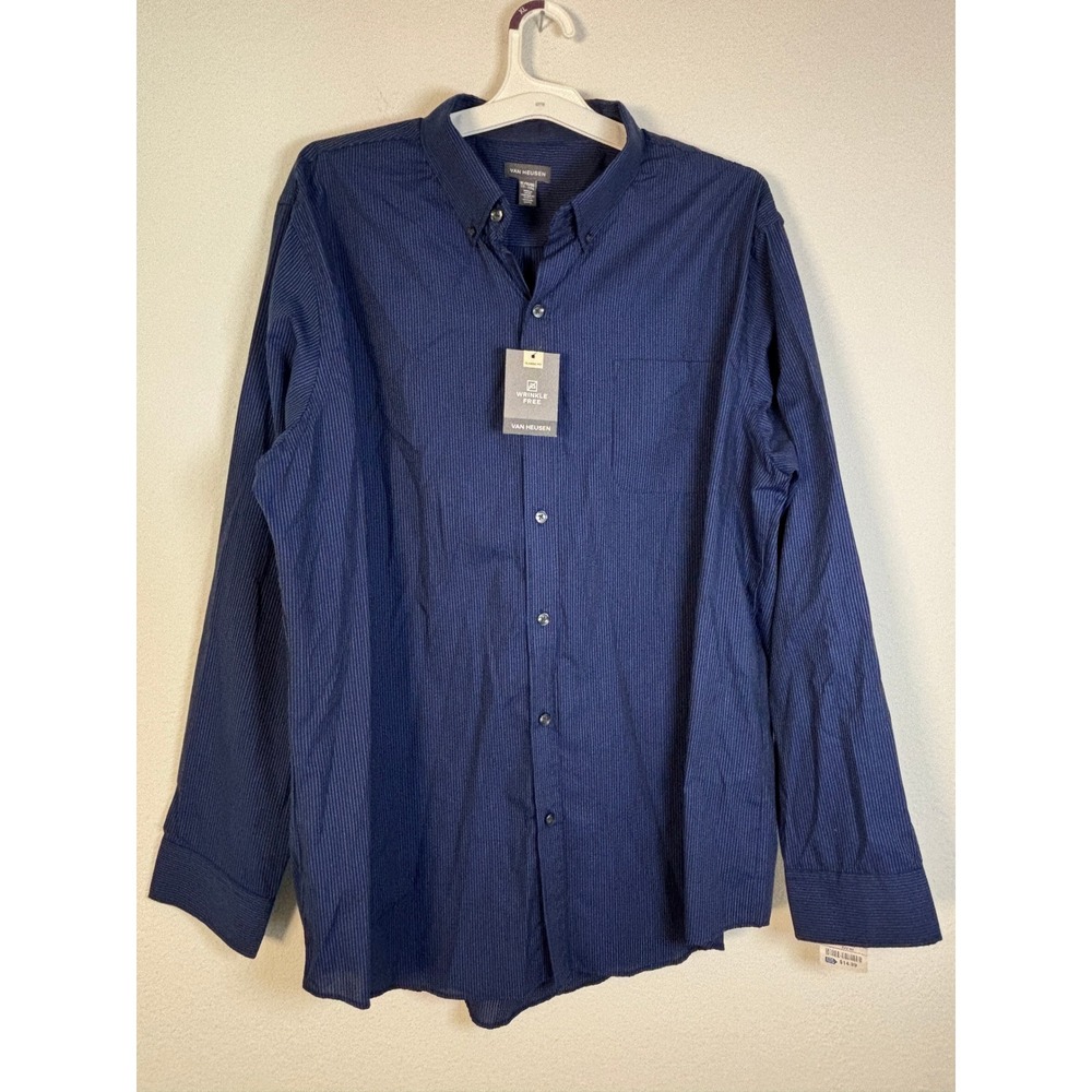 Van Heusen Mens XL Navy Blue Micro Stripe Wrinkle Free Button Down Shirt‎ NWT